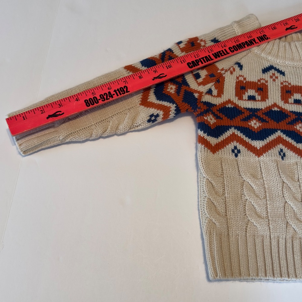 Bleached Kid 4T Bear Fair Isle Cable Knit Sweater Cream Rust Navy Blue Button Up - Picture 4 of 8